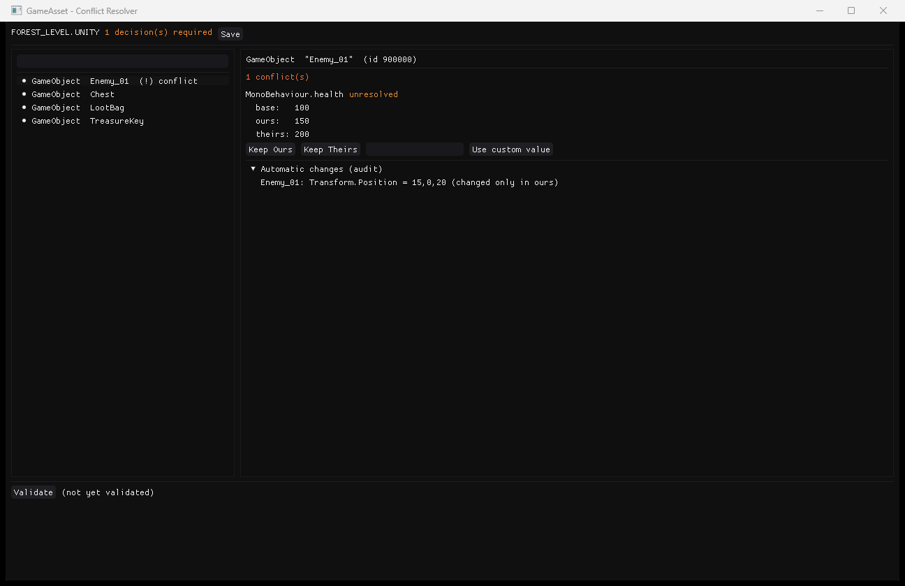 GameAsset Conflict Resolver showing a Unity scene conflict with Keep Ours / Keep Theirs options